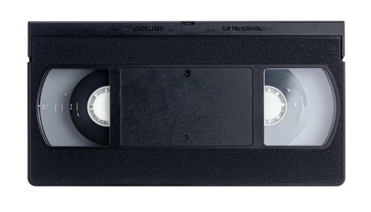 A close-up, top-down view of a black rectangular video tape cassette