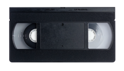 A close-up, top-down view of a black rectangular video tape cassette