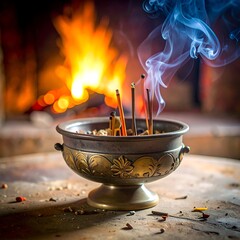 Incense burning in a decorative bowl with fire in the background