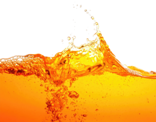 Golden liquid splashes with bubbles against a black backdrop, creating a wave