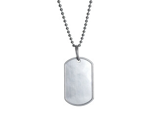 Fototapeta premium A blank, rectangular silver dog tag hangs from a silver ball chain, isolated on black