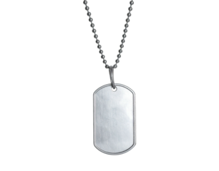 A blank, rectangular silver dog tag hangs from a silver ball chain, isolated on black