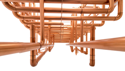Overhead perspective shows complex network of copper pipes with a black background