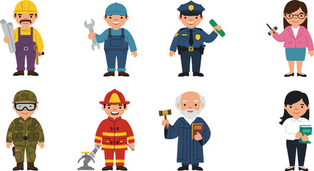 Different professional occupations character set, flat vector illustration of various jobs, teamwork, diversity, and career concept