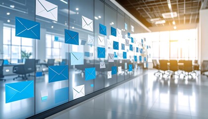 Email Concept Envelopes floating on office glass wall with business communication.