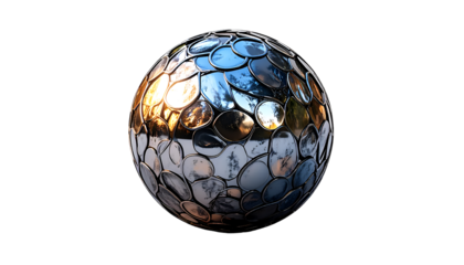 Abstract Reflective Sphere with Mosaic Texture on Black Background. Modern Chrome Metallic Ball with Shimmering Light & Sky Reflections. High-Tech Concept.