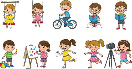 Happy children playing, reading, painting, swinging, cycling, and enjoying creative outdoor activities cartoon vector illustration