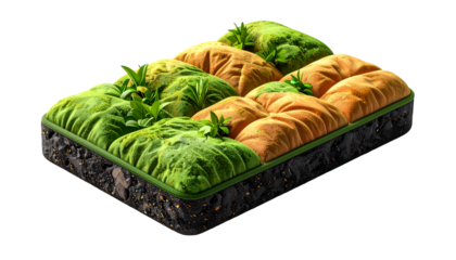 Sustainable Micro-Garden: Eco-Friendly Cellular Landscape with Green Moss, Soil, and Fresh Sprouts on Recycled Base. Environmental Concept on Black Background.