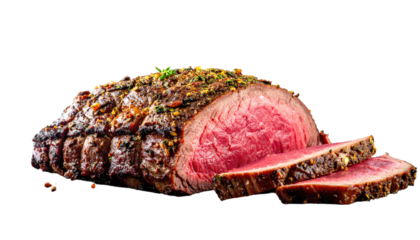 Roasted, seasoned meat, partially sliced to show pink interior and rich crust