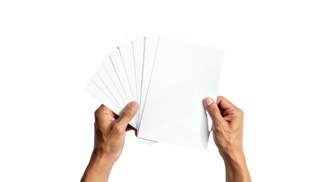 Human hands holding a fanned-out stack of blank white sheets, isolated