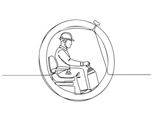 Continuous Line Drawing Industrial Worker or Engineer Operating Heavy Machinery Controls, Wearing a Hard Hat within a Circular Frame