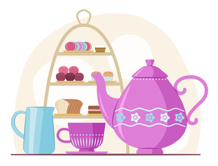 Traditional English Afternoon Tea Set for Tea Break Drinking Concept Illustration