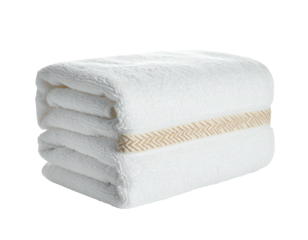 Stacked white fluffy towels with textured stripe, isolated against a dark background