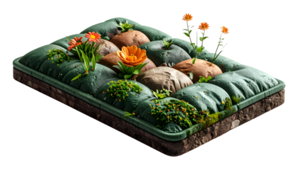 Abstract Eco-Comfort Landscape: Padded Green Earth, Stones & Vibrant Flowers on Black – Sustainable Growth & Nurturing Concept
