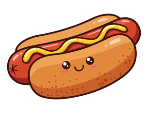  Cute Cartoon Hot Dog with Mustard A Happy Kawaii Fast Food Snack Illustration for Joyful Designs.