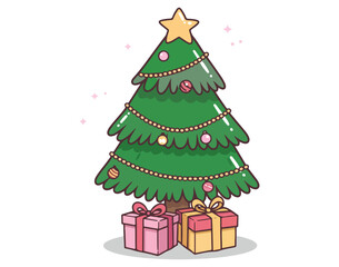 Cute Cartoon Christmas Tree with Gifts, Adorned with Star and Ornaments, Festive Holiday Icon for Winter Celebrations