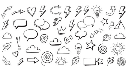 Line marker hand drawn brush arrow element set. Sketch pencil stroke vector graphic pen underline scribble icon. Hand drawn line heart, crown, star symbol highlight marker shape. Vector illustration