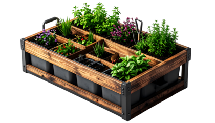 Stylish Portable Herb Garden Planter Box with Fresh Herbs and Flowers on Black Background - Home Gardening, Kitchen & Healthy Living