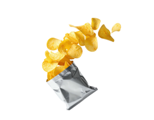 Golden potato crisps spilling from a silver foil bag, isolated against a dark background
