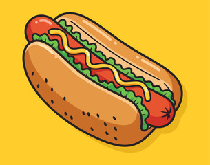 Classic American Hot Dog or Frankfurter Illustration with Mustard, a Delicious Fast Food Snack.