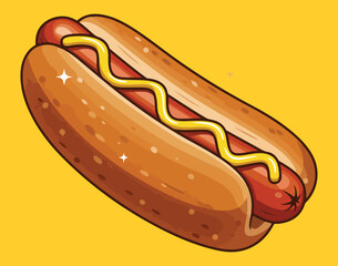  Classic American Hot Dog with Yellow Mustard in a Bun, Tasty Fast Food Snack Illustration, Sausage Sandwich or Frank