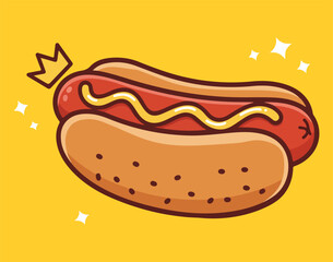 Charming Cartoon Hot Dog King Illustration with Mustard and a Golden Crown, Representing Delicious Fast Food and Street Snack Royalty