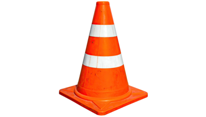 A bright orange road safety cone with white stripes on a black background