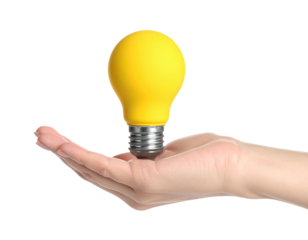 A hand holds a yellow lightbulb against a black background, highlighting concept