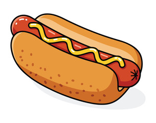  Cartoon Hot Dog with Mustard in a Bun, Simple Vector Illustration of a Classic Frankfurter or Wiener Isolated on White