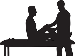 Black vector silhouette of physiotherapist examining patient's knee in rehabilitation session