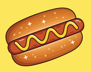  Cartoon Hot Dog with Mustard in a Bun, Classic Fast Food Snack Icon, Delicious American Street Food Illustration