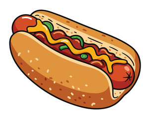 Cartoon Hot Dog Illustration with Mustard, Relish, and Chili, a Classic American Fast Food Snack or Frankfurter on a Bun Isolated on White.