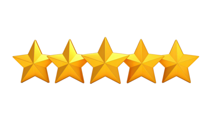 Five shining gold stars in a row, with a dark background