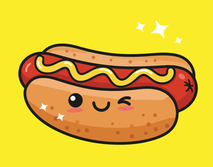 Adorable Winking Hot Dog Kawaii Character with Mustard Illustration on Pink Background, Cute Fast Food Vector Art.