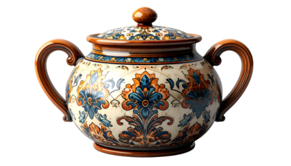 Elegant Hand-Painted Ceramic Pot with Traditional Blue & Terracotta Floral Pattern on Black Background – Decorative Artisan Pottery Jar