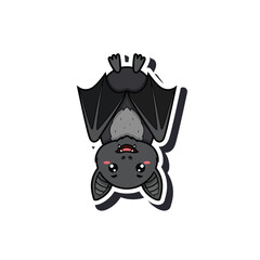 A cute cartoon bat hanging upside down with big eyes and fangs, sticker style illustration on a white background.