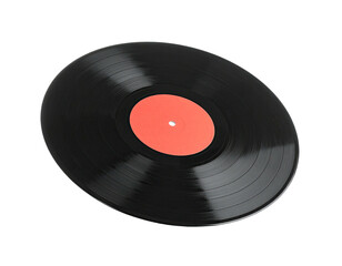 Fototapeta premium A close-up of a black vinyl record with a vibrant orange center label