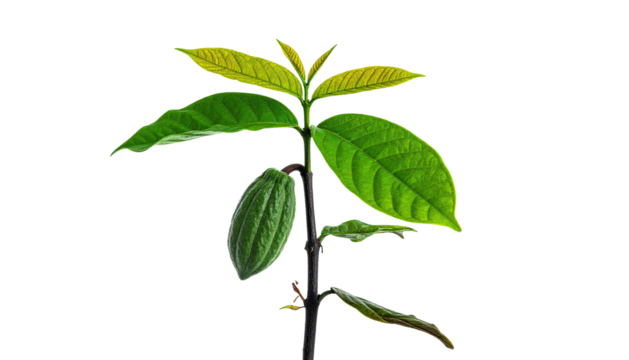 A vibrant green plant with developing leaves and a small fruit against a black backdrop