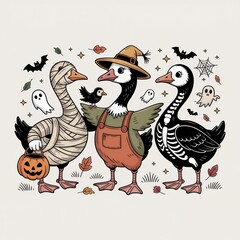 A whimsical illustration of three cartoon geese dressed for Halloween, surrounded by spooky elements like ghosts and bats.