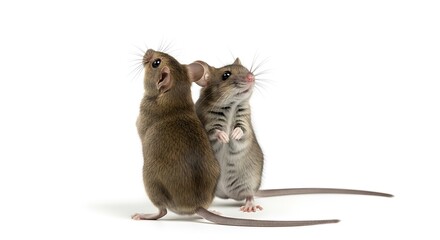 Two Curious Mice Standing Upright on White Background.