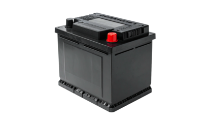 Rectangular black car battery with a red cap on top, isolated on black background