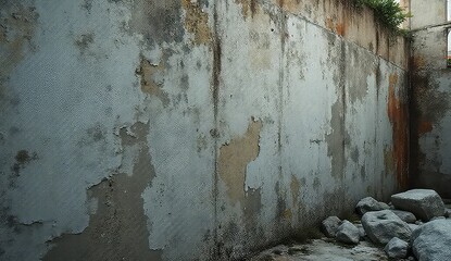 Gritty textured concrete wall with peeling paint and weathered rust stains offers a raw, urban backdrop for dramatic storytelling.