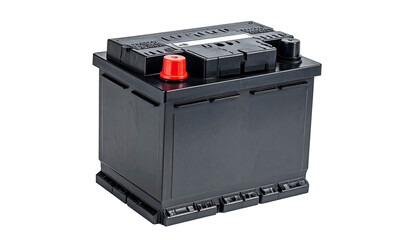 A close-up view of a black rectangular automotive battery with red terminal