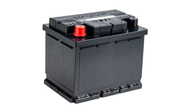 A close-up view of a black rectangular automotive battery with red terminal