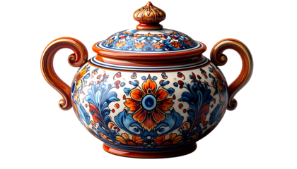 Vibrant Hand-Painted Ceramic Pot with Ornate Floral Design. Traditional Mediterranean Style Glazed Decorative Urn on Black Background. Art & Craftsmanship