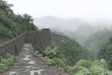 Misty jungle path along a stone wall