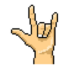 Pixel metal hand sign vector. Ideal for music, rock and roll, and heavy metal themes. This digital graphic is perfect for game, retro game, or 8 bit design projects and assets.