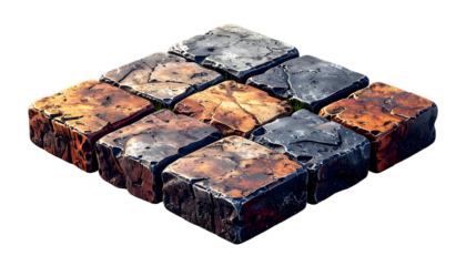 Isometric Rustic Stone Blocks Texture on Black - Earthy Orange & Dark Grey Pavers Pattern for Game Assets, Architectural Design, and Digital Backgrounds