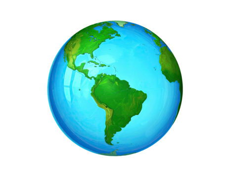 A glossy 3D Earth globe, showing continents, oceans, with a black background