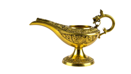 Ornate golden lamp with a curved spout, a handle, and intricate floral carvings
